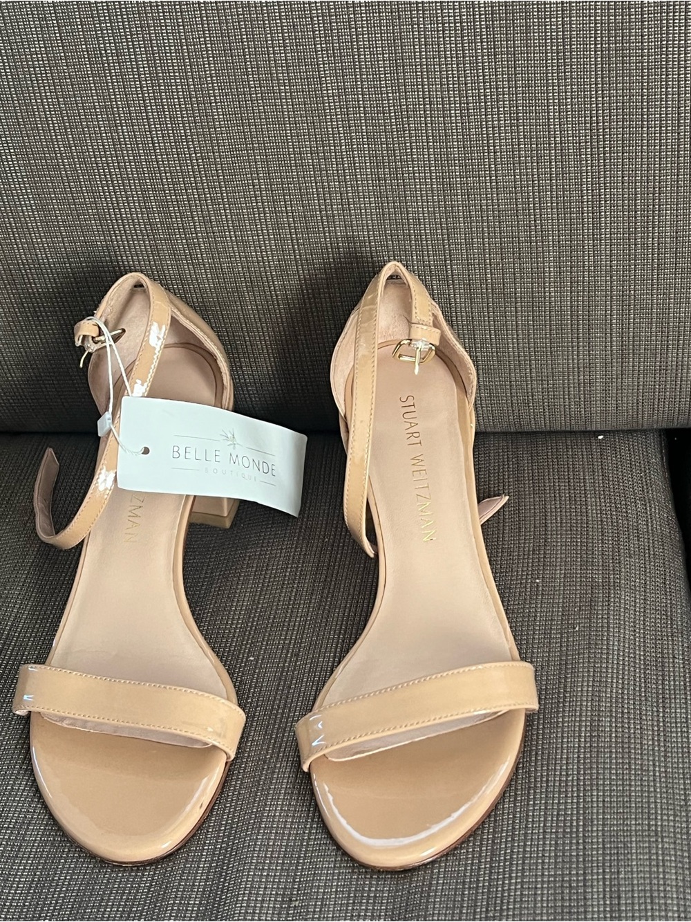 Stuart Weitzman Beige Patent Leather Ankle-Strap Sandals